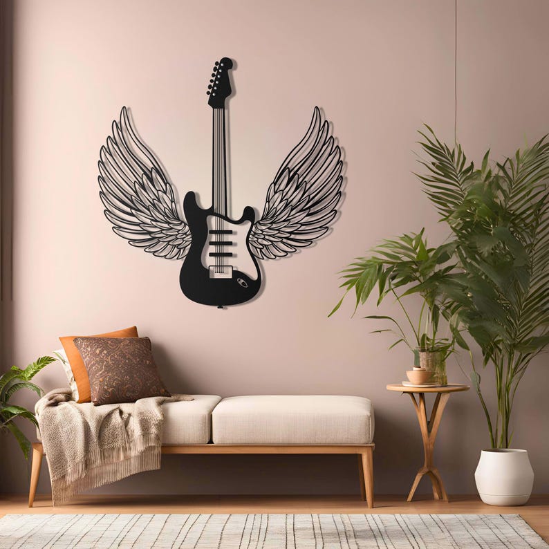 Winged Guitar Metal Wall Art
