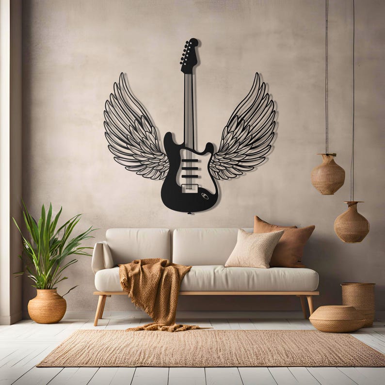 Winged Guitar Metal Wall Art